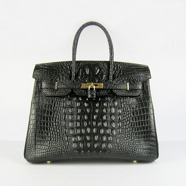 High Quality Fake Hermes Birkin 35CM Crocodile Head Veins Leather Bag Black 6089